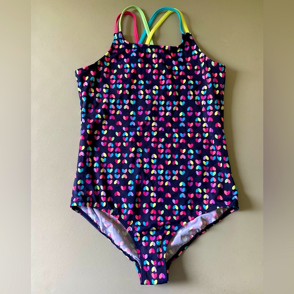 Lands’ End Swimsuit Girl’s L PLUS Heart NAVY One Piece